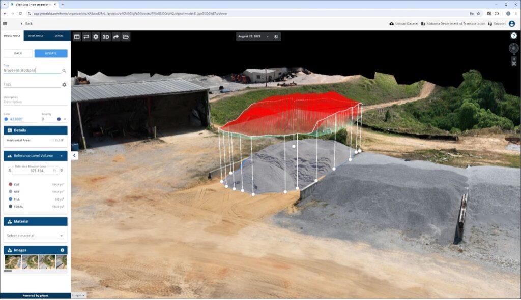 gNext 3D model used for stockpile and inventory management, captured from drone collected data by ALDOT.